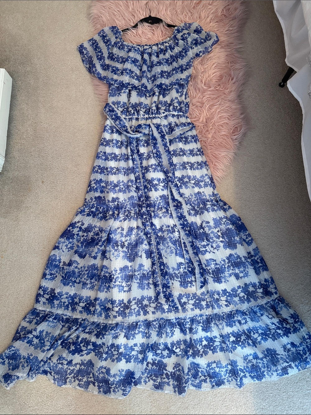 Eliza J White Maxi Dress with Blue Floral Stripes